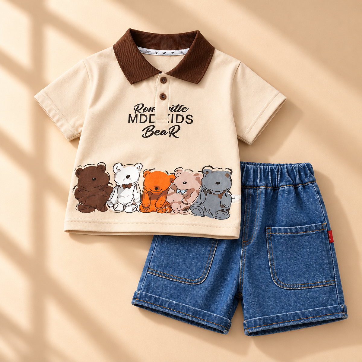 DuoDrapes Cream Teddy Bear Polo T-Shirt with Blue Denim Shorts Set for Boys