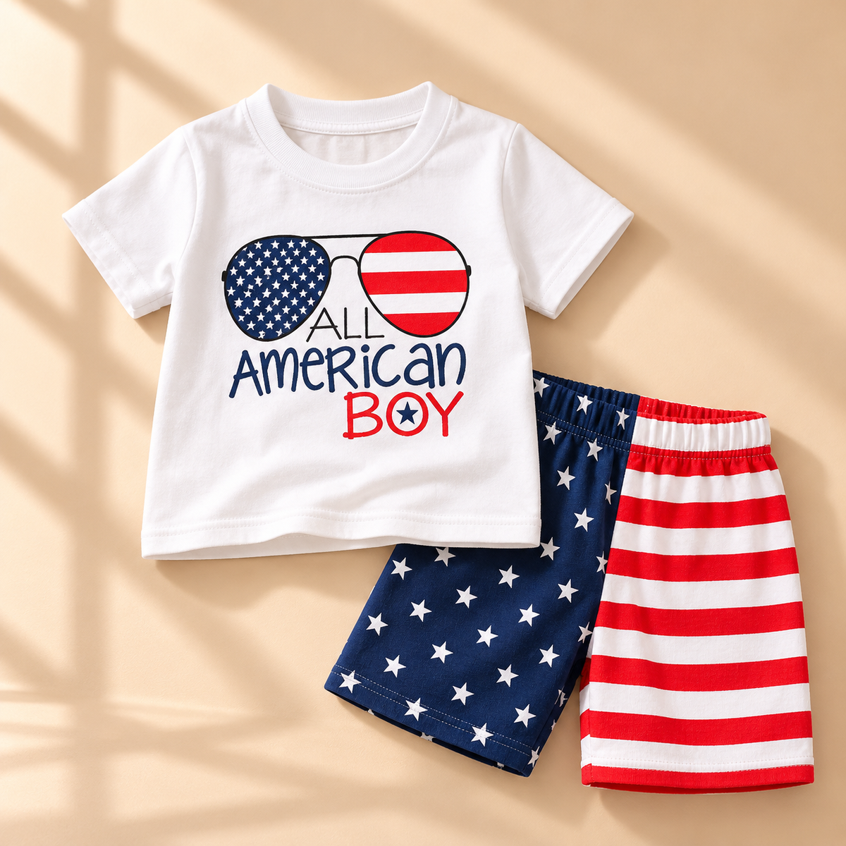 DuoDrapes All-American Boy White T-Shirt & Star Stripe Shorts Set for Boys