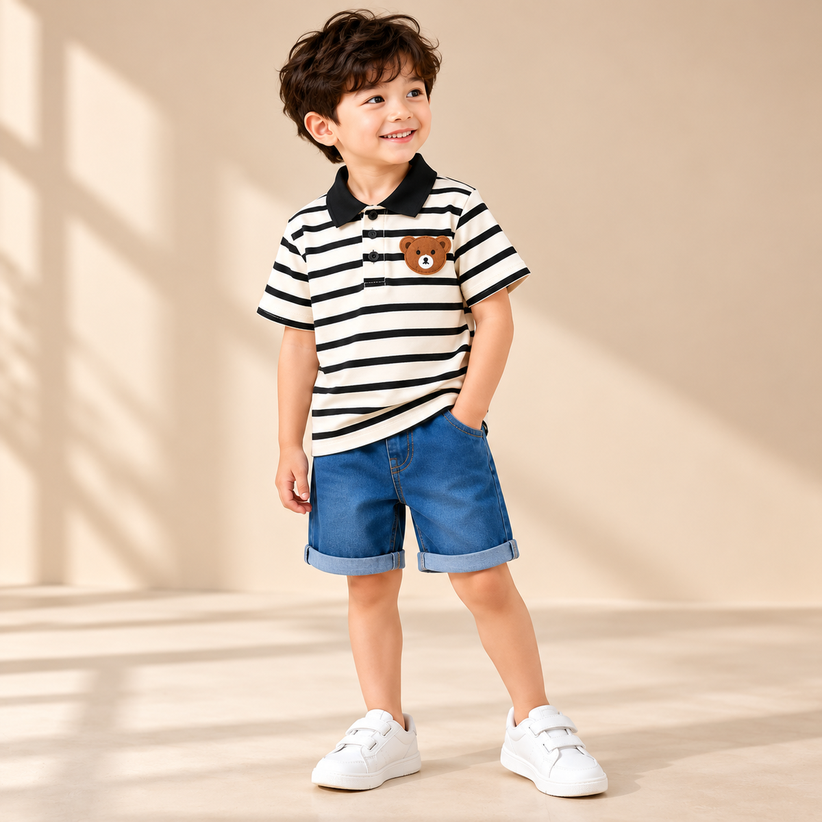 DuoDrapes Black & White Striped Polo T-Shirt with Denim Shorts Set for Boys