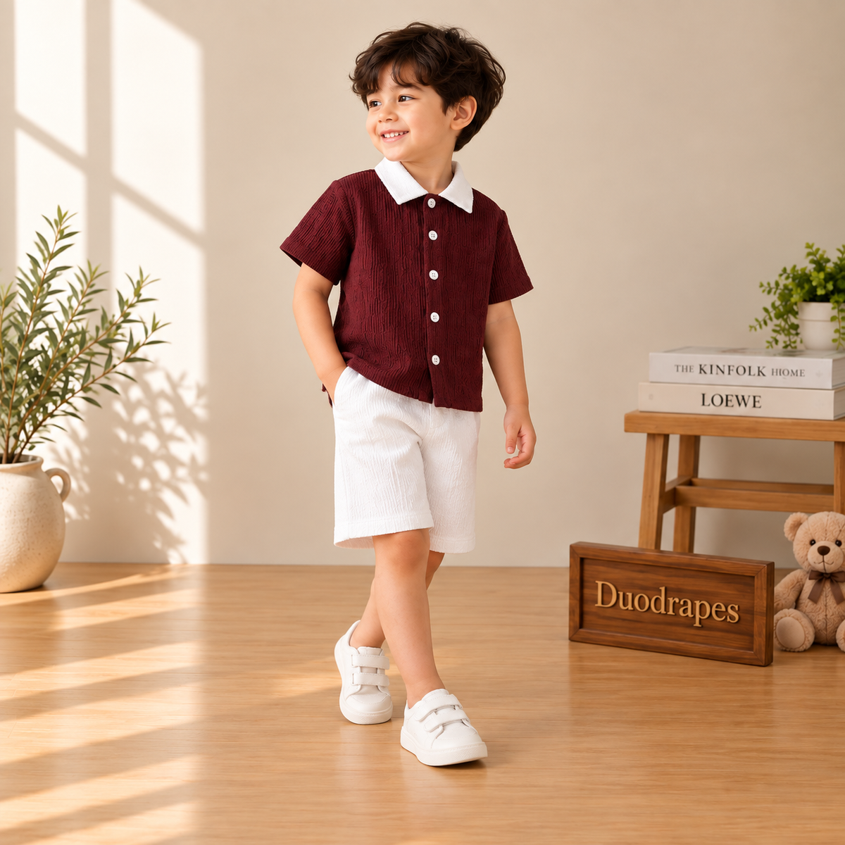 Burgundy White Collar Shirt & White Shorts Set for Boys