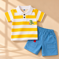 DuoDrapes Yellow & White Striped Dinosaur Polo T-Shirt with Blue Cargo Shorts Set for Boys