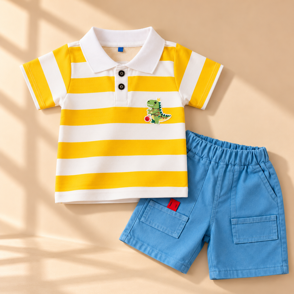DuoDrapes Yellow & White Striped Dinosaur Polo T-Shirt with Blue Cargo Shorts Set for Boys