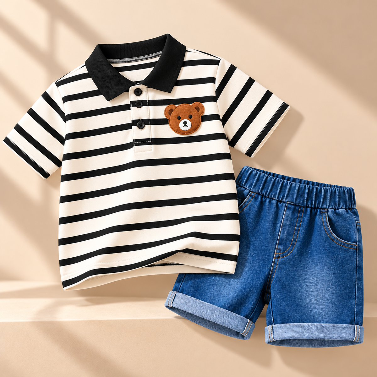 DuoDrapes Black & White Striped Polo T-Shirt with Denim Shorts Set for Boys