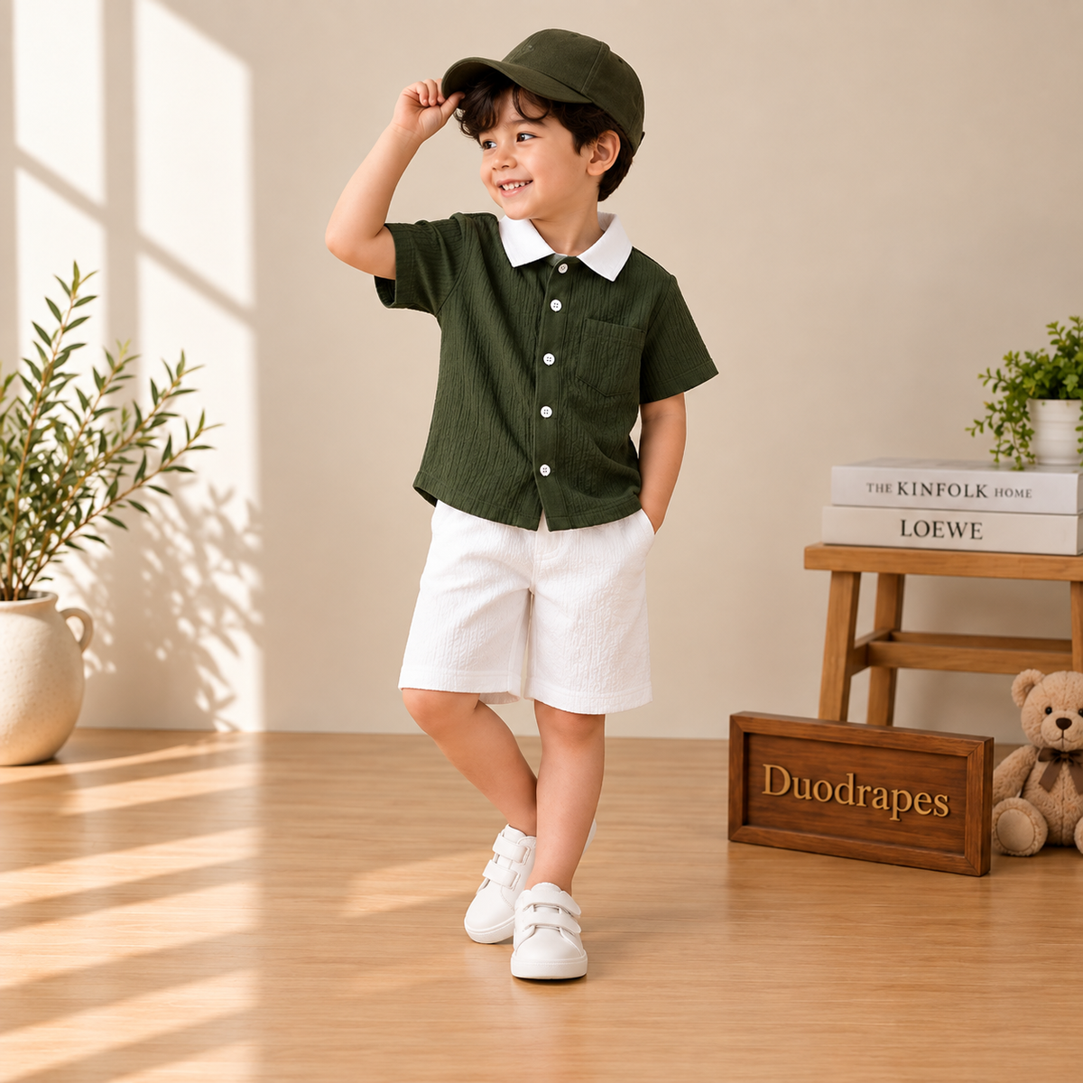 Olive Green White Collar Shirt & White Shorts Set for Boys