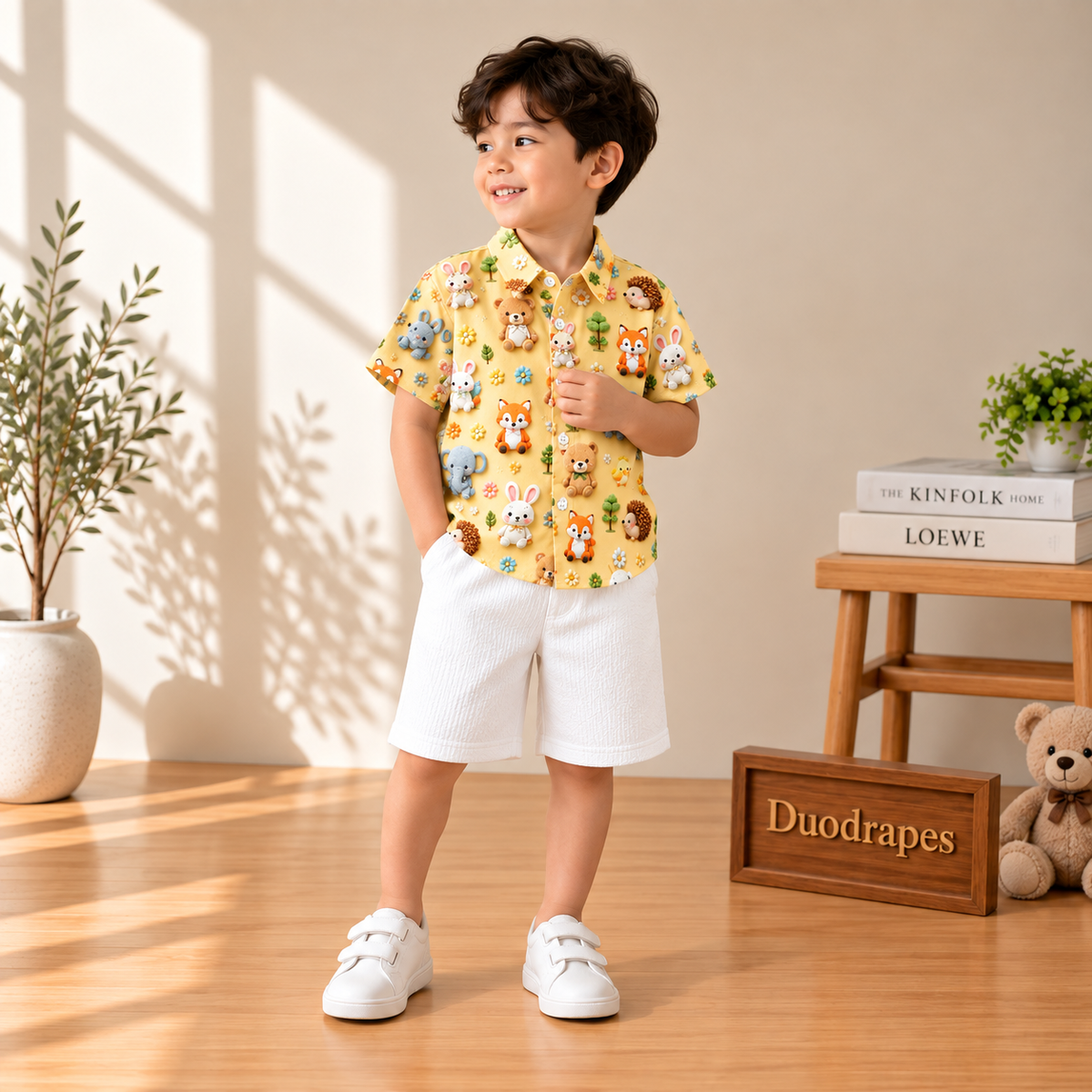 Cute Animal Print Shirt & White Shorts Set for Boys
