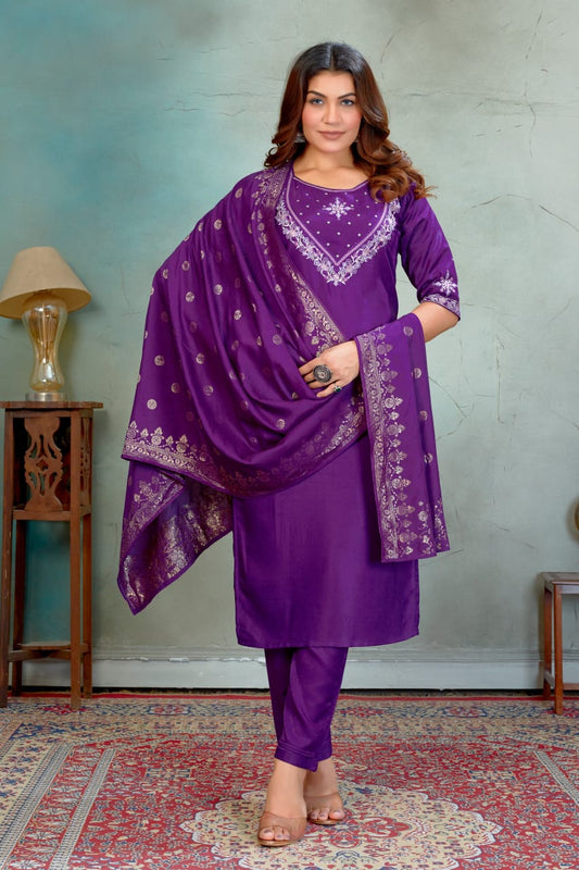 Purple Embroidered Cotton Kurta and Palazzo Set
