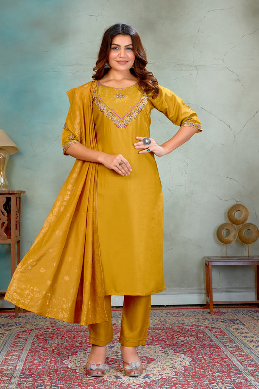 mustard Embroidered Cotton Kurta and Palazzo Set