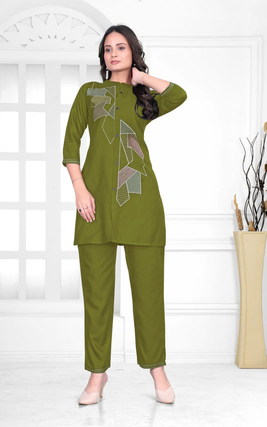 Black Rayon Co-Ord Set with Geometric Embroidered Front Panel