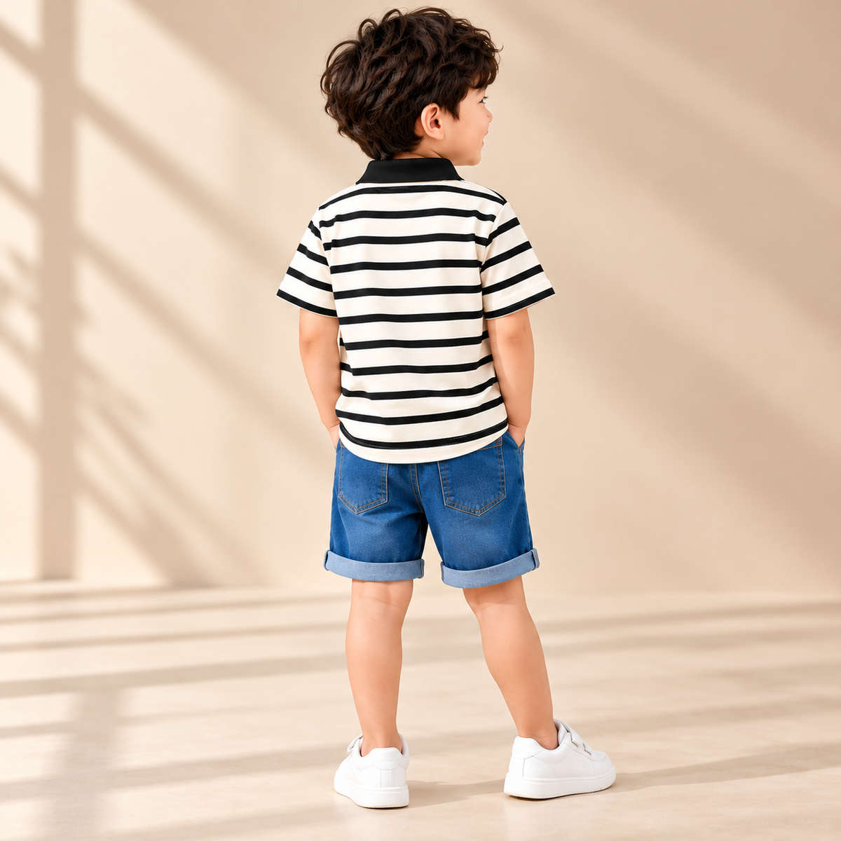 DuoDrapes Black & White Striped Polo T-Shirt with Denim Shorts Set for Boys