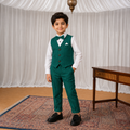 DuoDrapes Boys Green Striped Waistcoat Set with White Shirt, Trousers & Bow Tie
