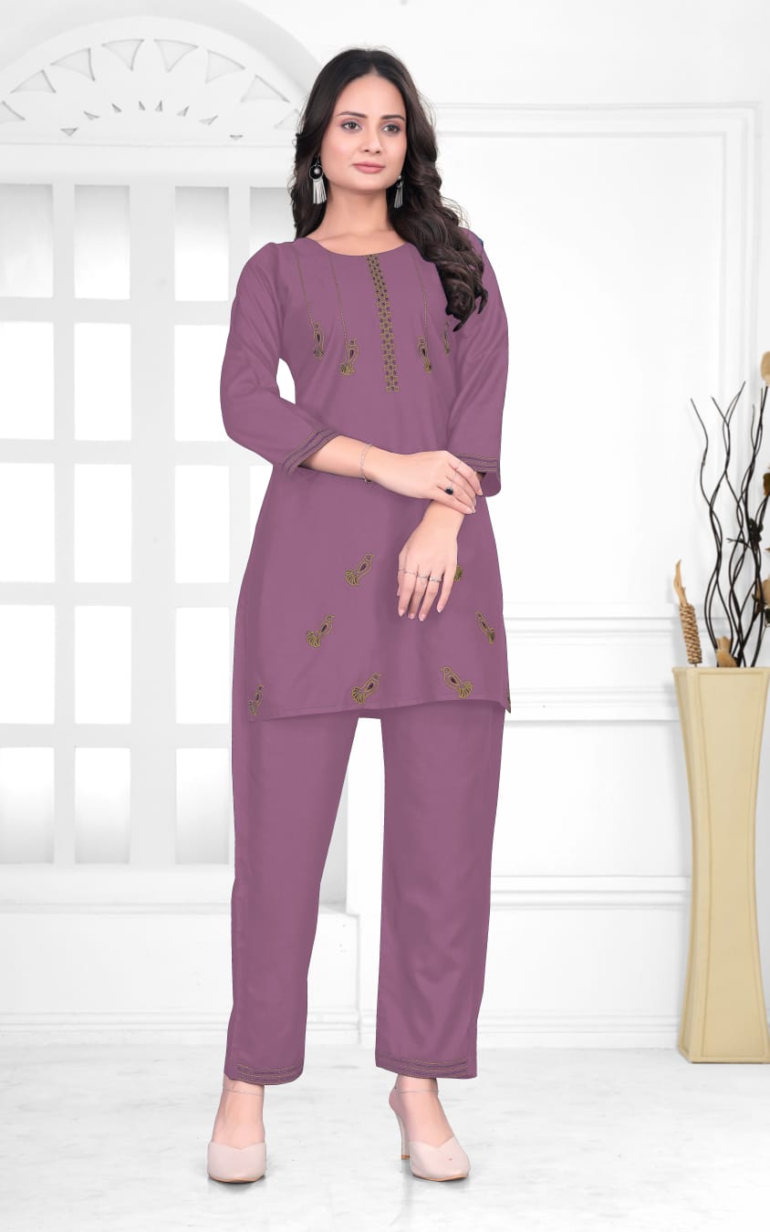 Elegant Mauve Rayon Cord Set with Embroidered Detailing