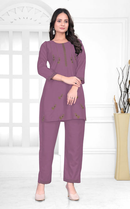 Elegant Mauve Rayon Cord Set with Embroidered Detailing