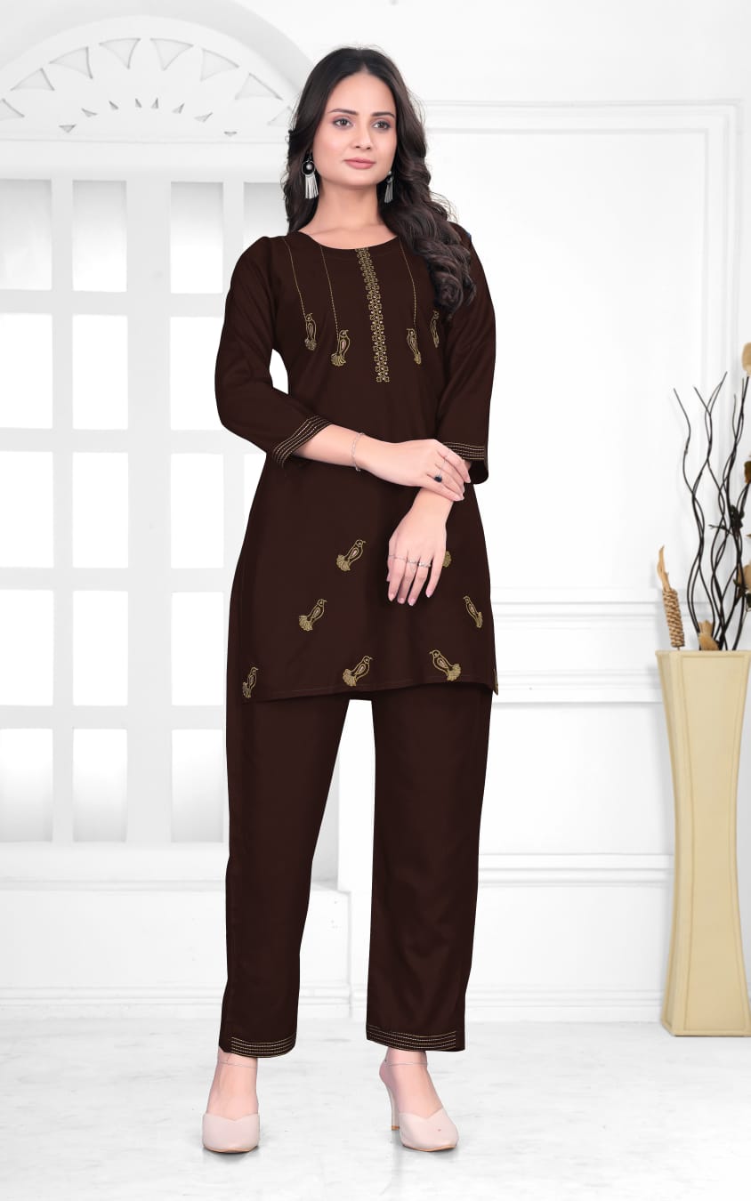 Elegant Mauve Rayon Cord Set with Embroidered Detailing