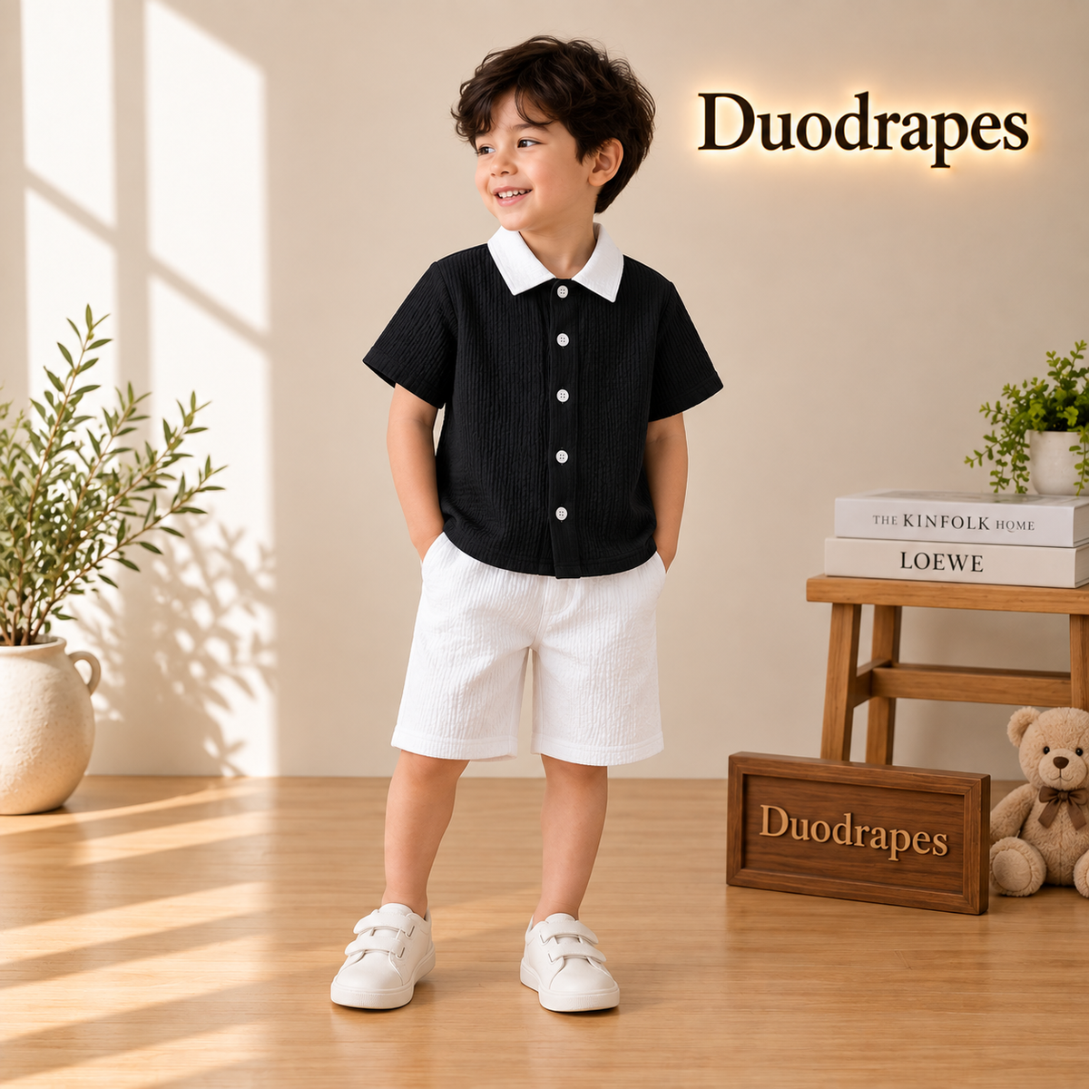 Classic Black White Collar Shirt & Shorts Set for Boys
