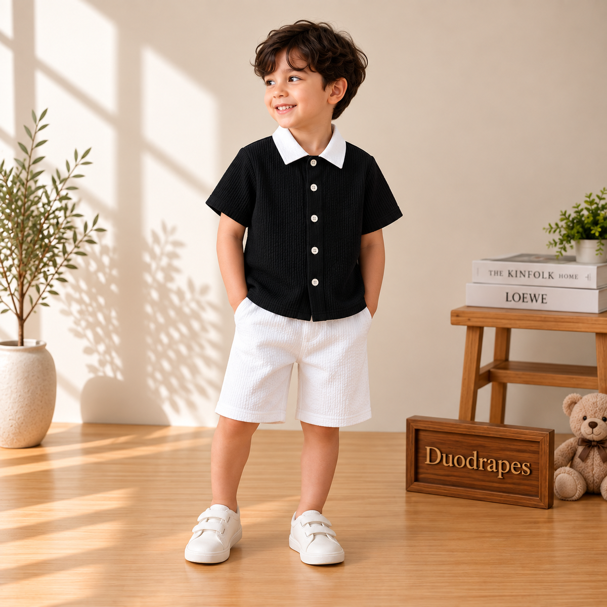 Classic Black White Collar Shirt & Shorts Set for Boys