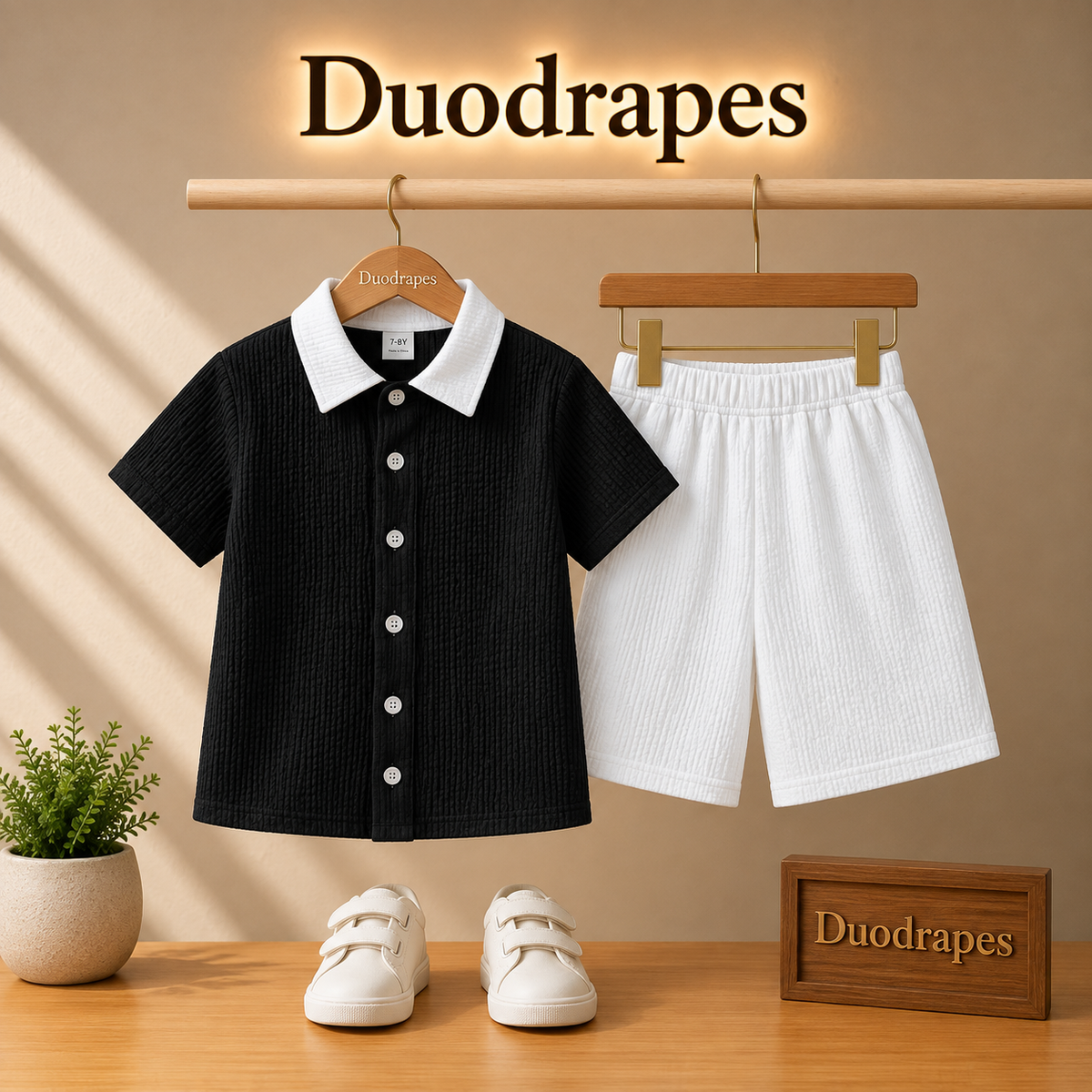 Classic Black White Collar Shirt & Shorts Set for Boys