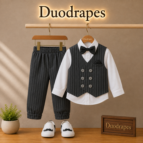 Boys Black Pinstripe Waistcoat Set with White Shirt & Trousers
