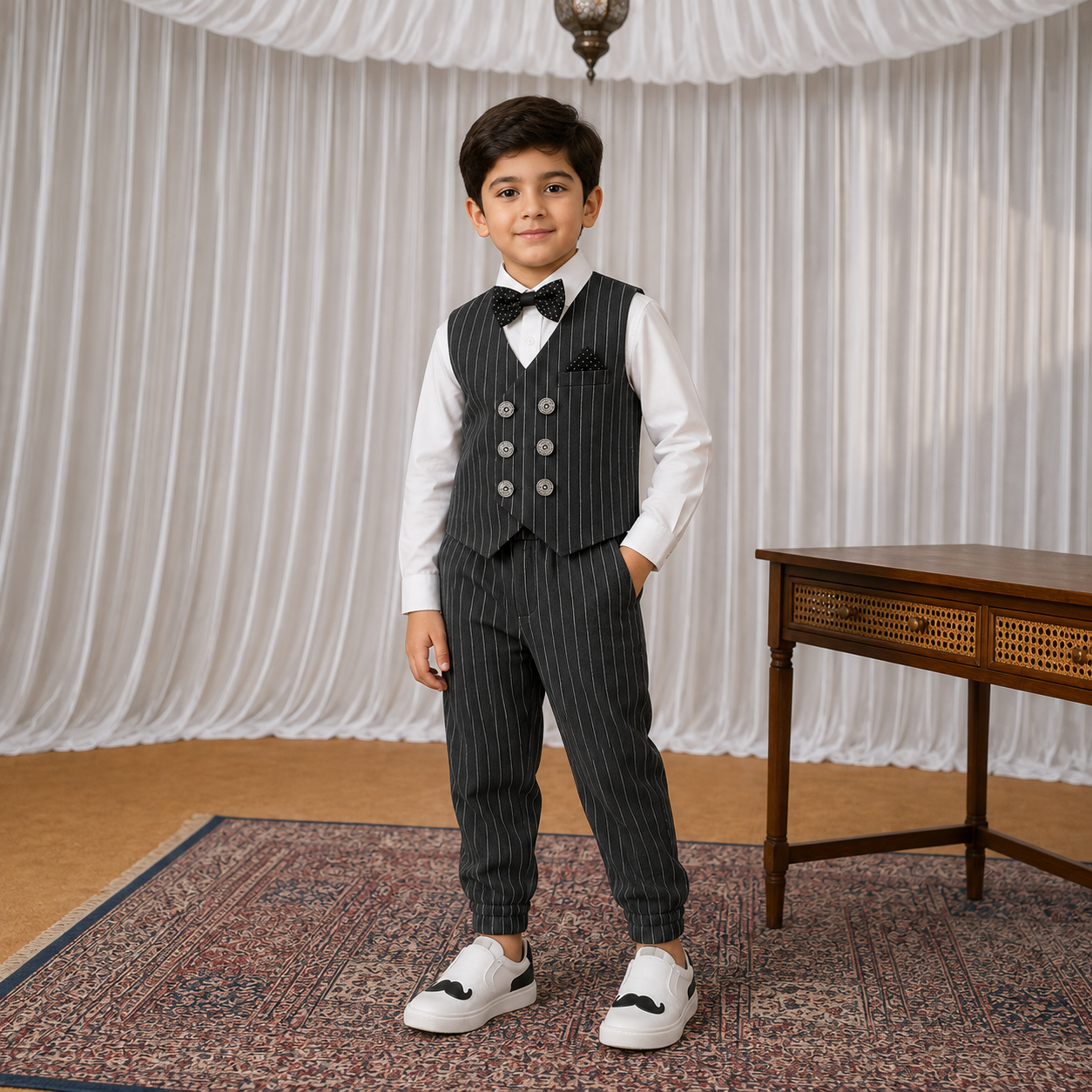 Boys Black Pinstripe Waistcoat Set with White Shirt & Trousers