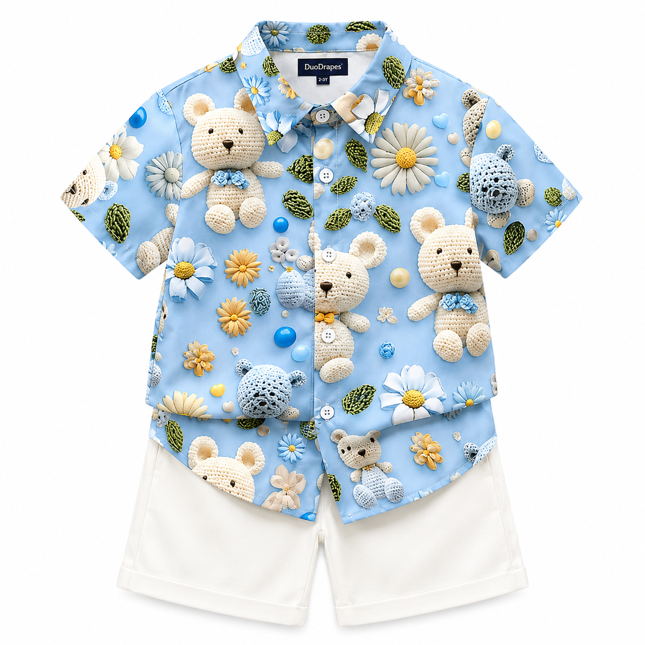 Sky Blue Teddy Bear Shirt & White Shorts Set for Boys