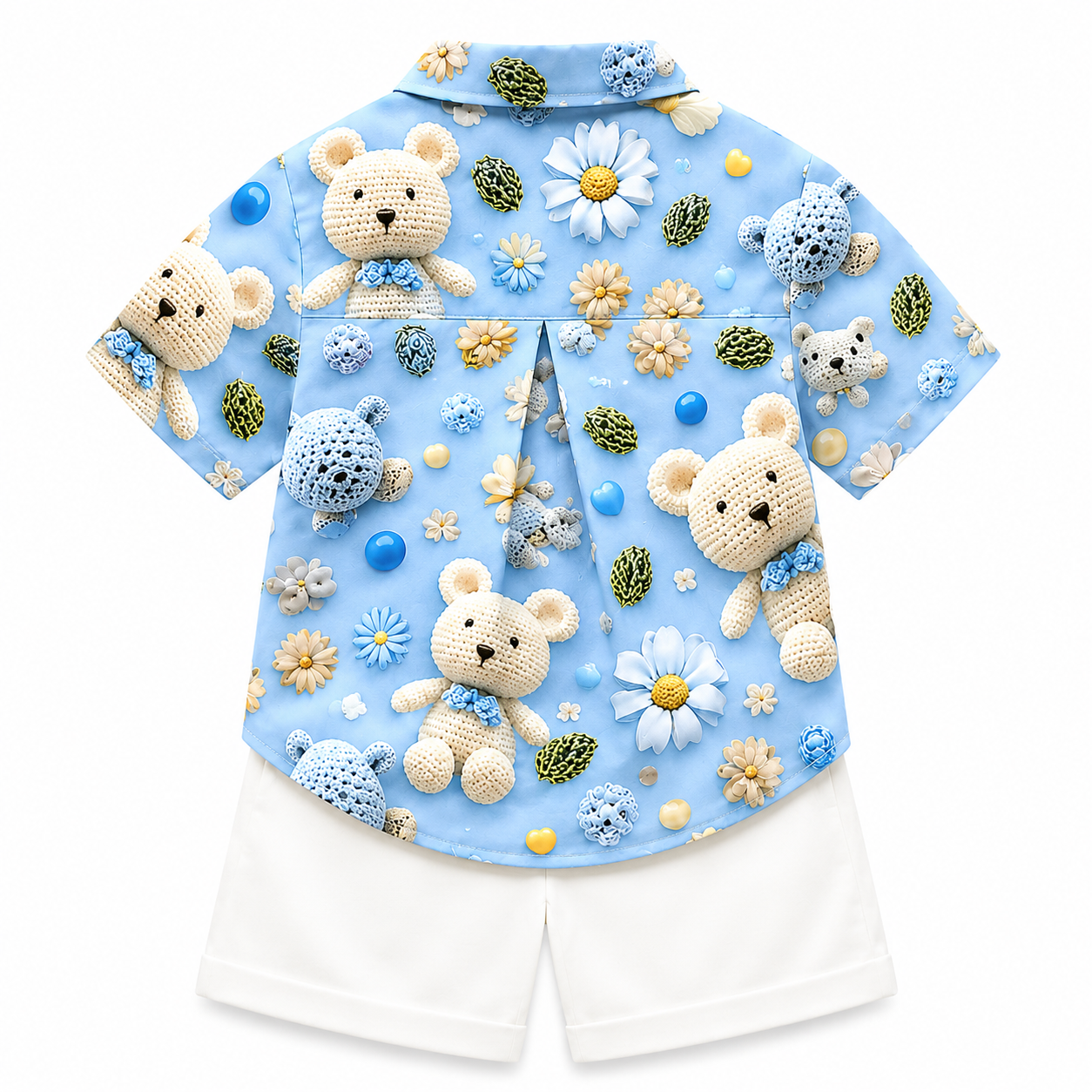 Sky Blue Teddy Bear Shirt & White Shorts Set for Boys