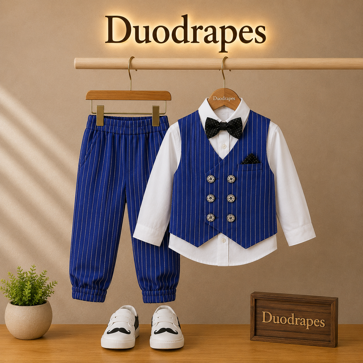 Boys Royal Blue Pinstripe Waistcoat Set with White Shirt & Trousers