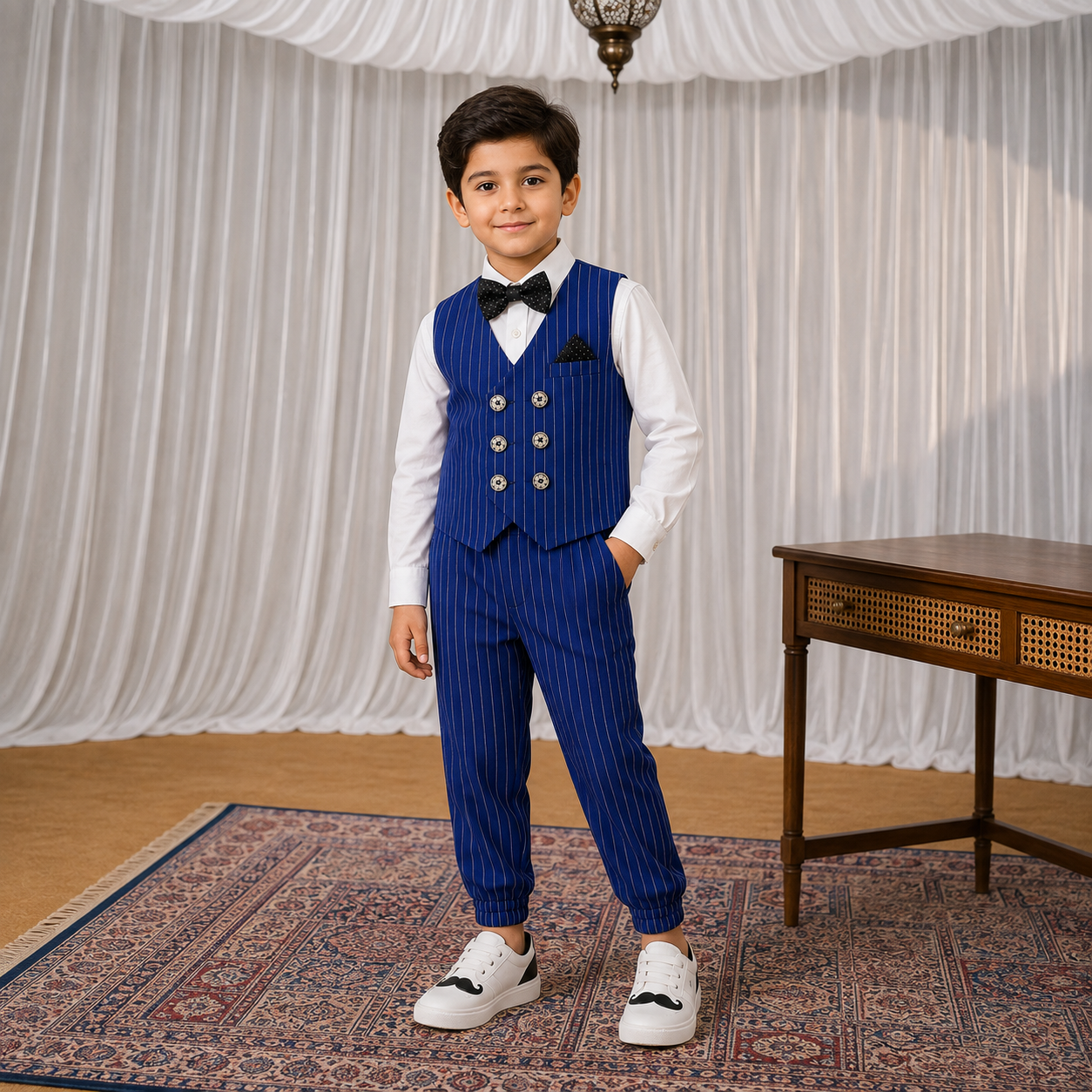 Boys Royal Blue Pinstripe Waistcoat Set with White Shirt & Trousers