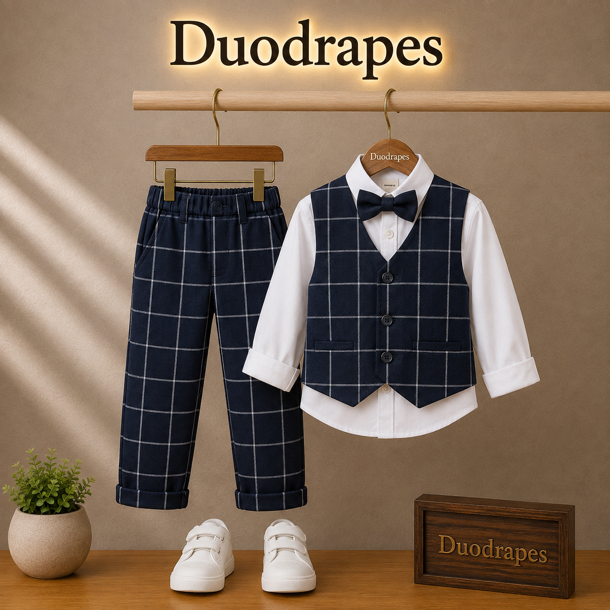 DuoDrapes Boys Navy Blue Checked Waistcoat Set with Shirt, Trousers & Bow Tie