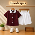 Burgundy White Collar Shirt & White Shorts Set for Boys
