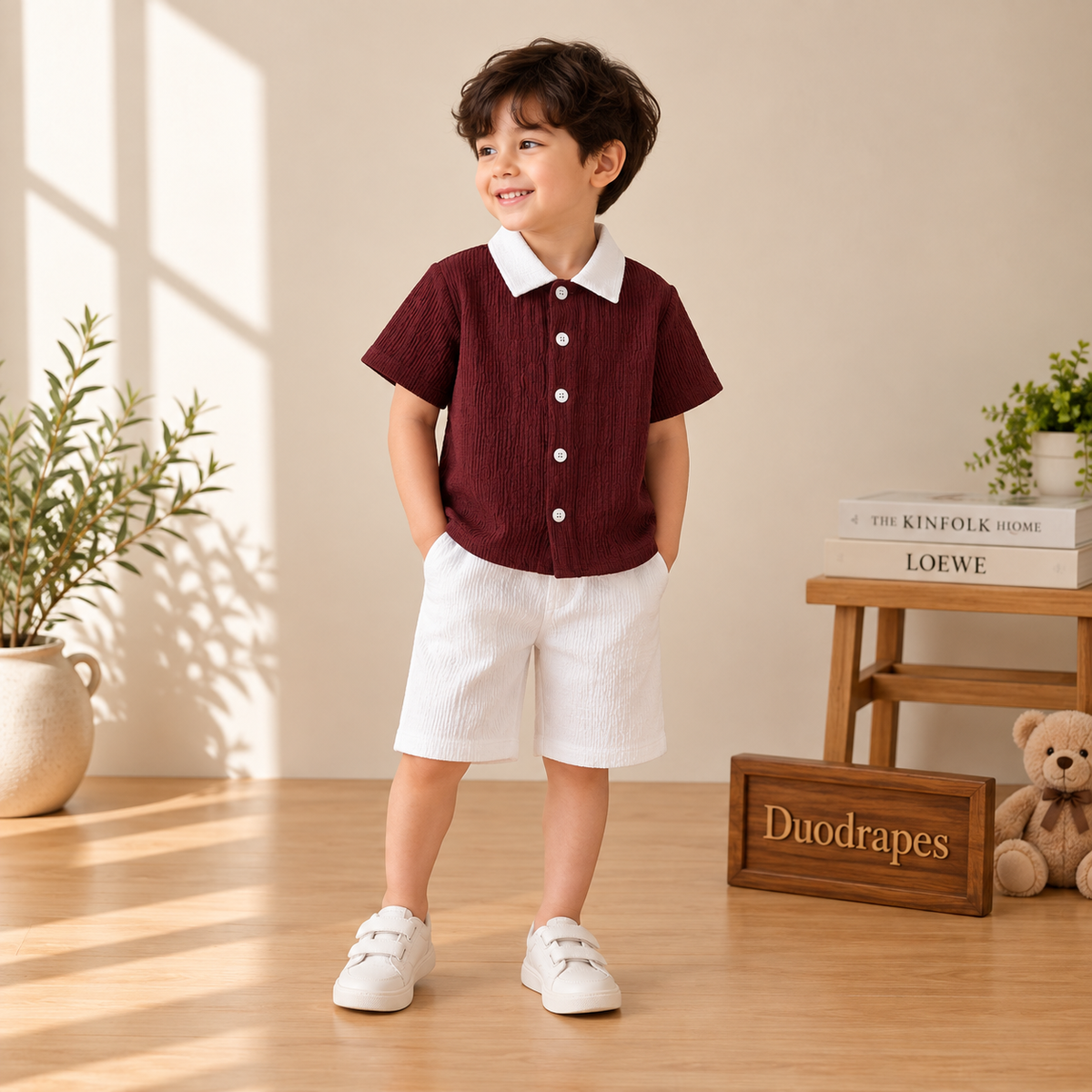 Burgundy White Collar Shirt & White Shorts Set for Boys