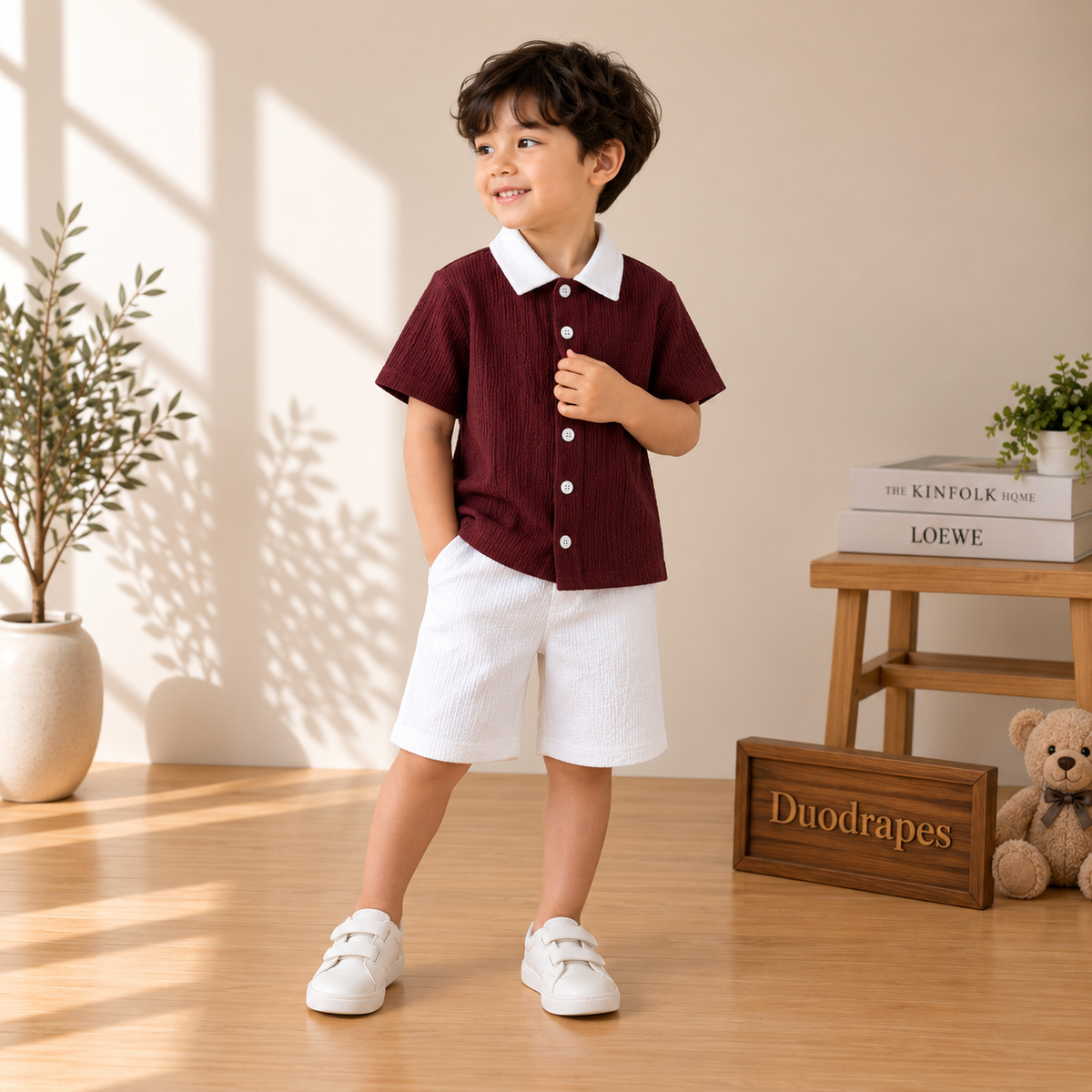 Burgundy White Collar Shirt & White Shorts Set for Boys