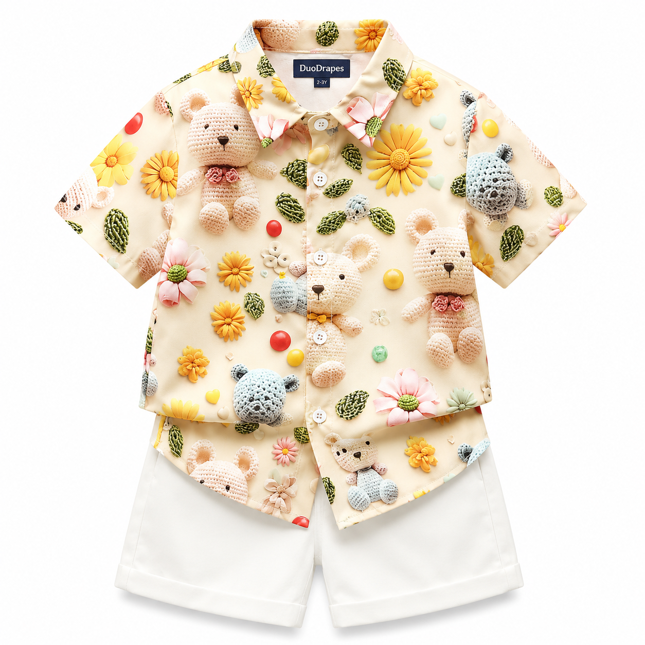Cream Teddy Bear Shirt & White Shorts Set for Boys
