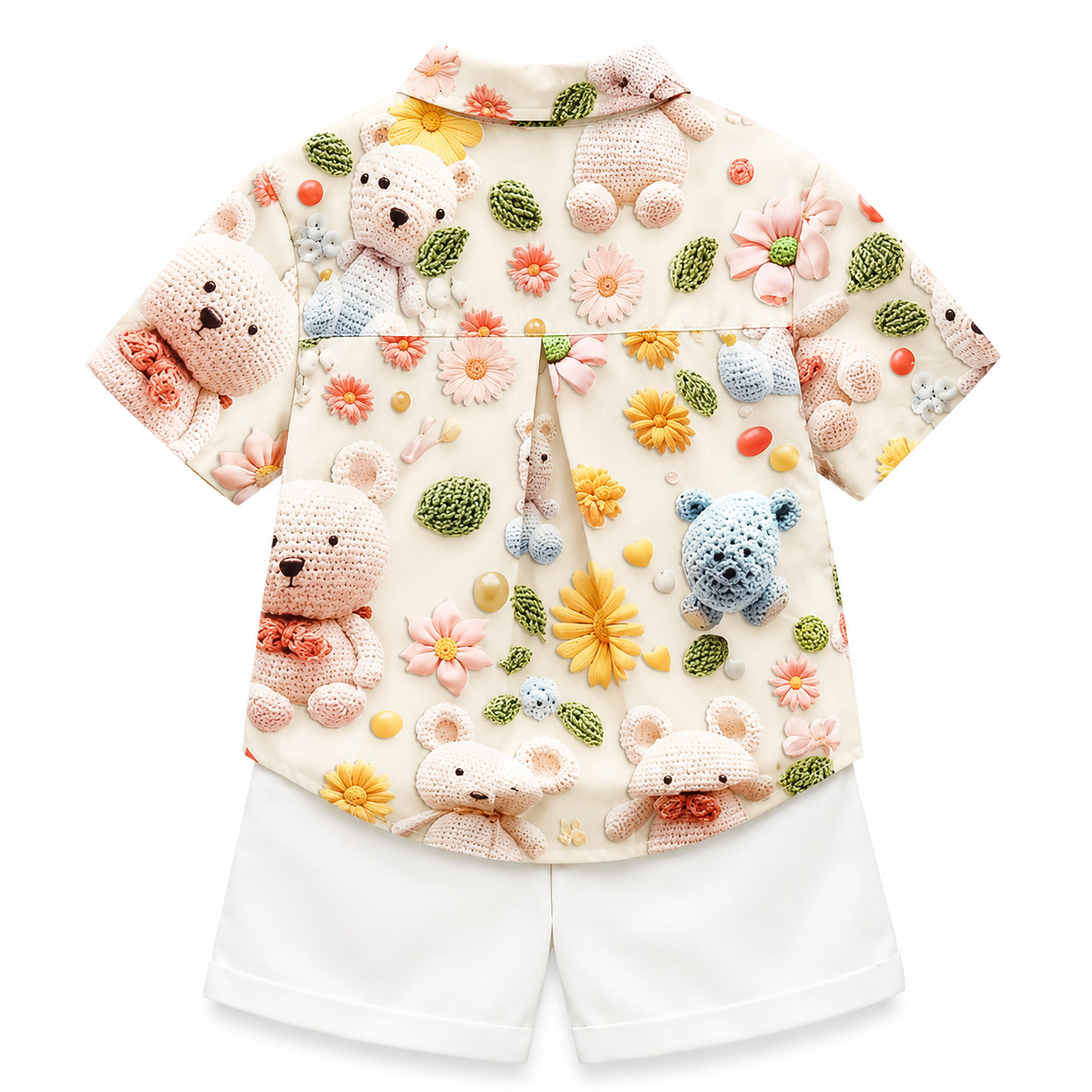 Cream Teddy Bear Shirt & White Shorts Set for Boys