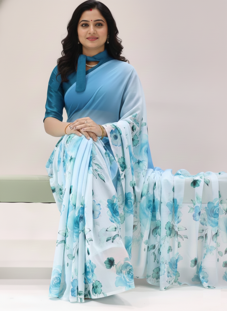 Weightless Floral Sky Blue Sarees