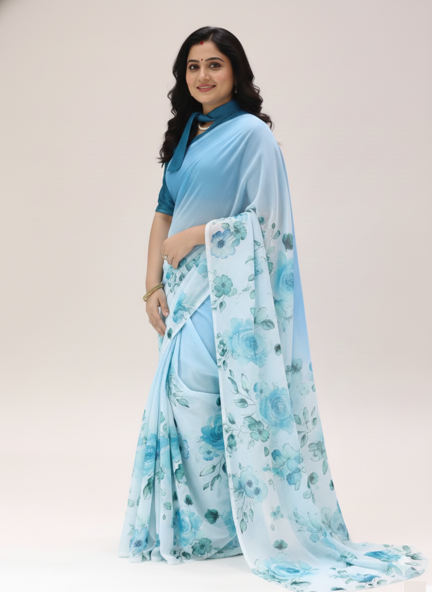 Weightless Floral Sky Blue Sarees