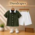 Olive Green White Collar Shirt & White Shorts Set for Boys