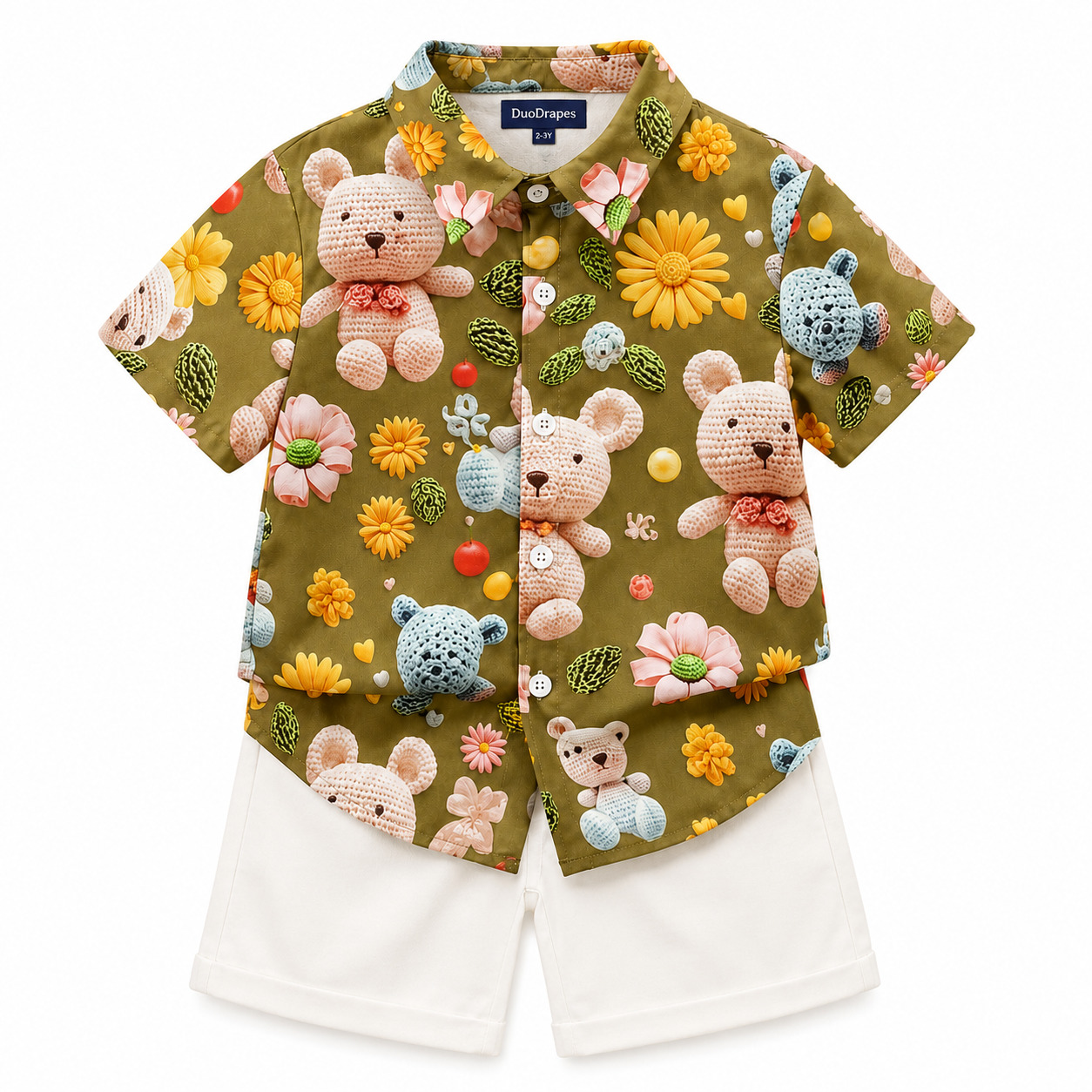 Olive Green Teddy Bear Shirt & White Shorts Set for Boys