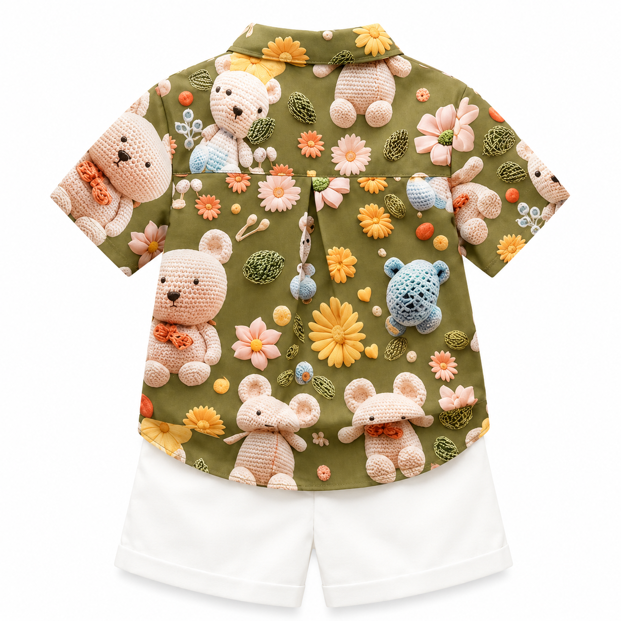 Olive Green Teddy Bear Shirt & White Shorts Set for Boys