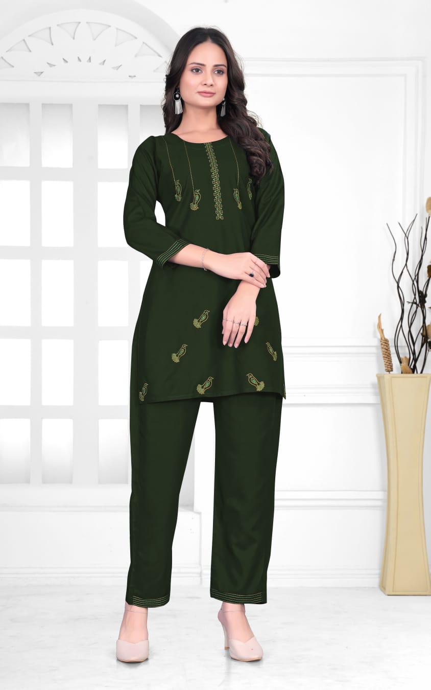 Elegant Mauve Rayon Cord Set with Embroidered Detailing