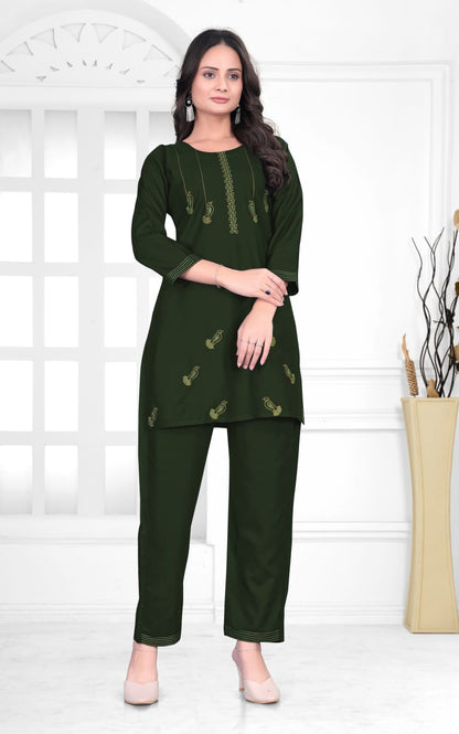 Elegant Mauve Rayon Cord Set with Embroidered Detailing