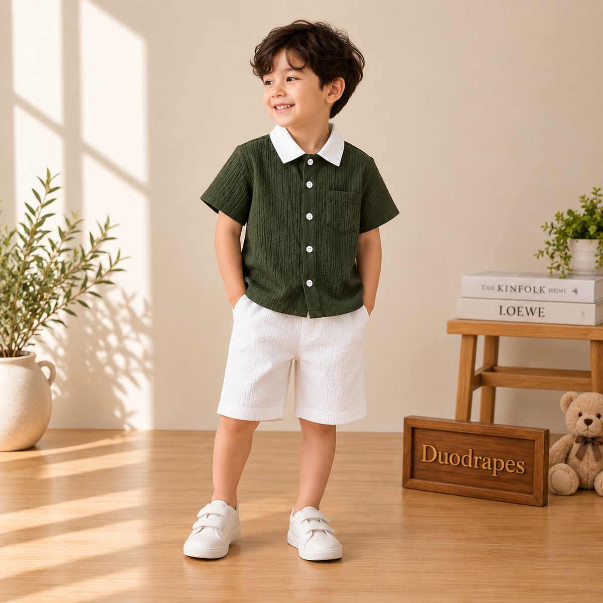 Olive Green White Collar Shirt & White Shorts Set for Boys