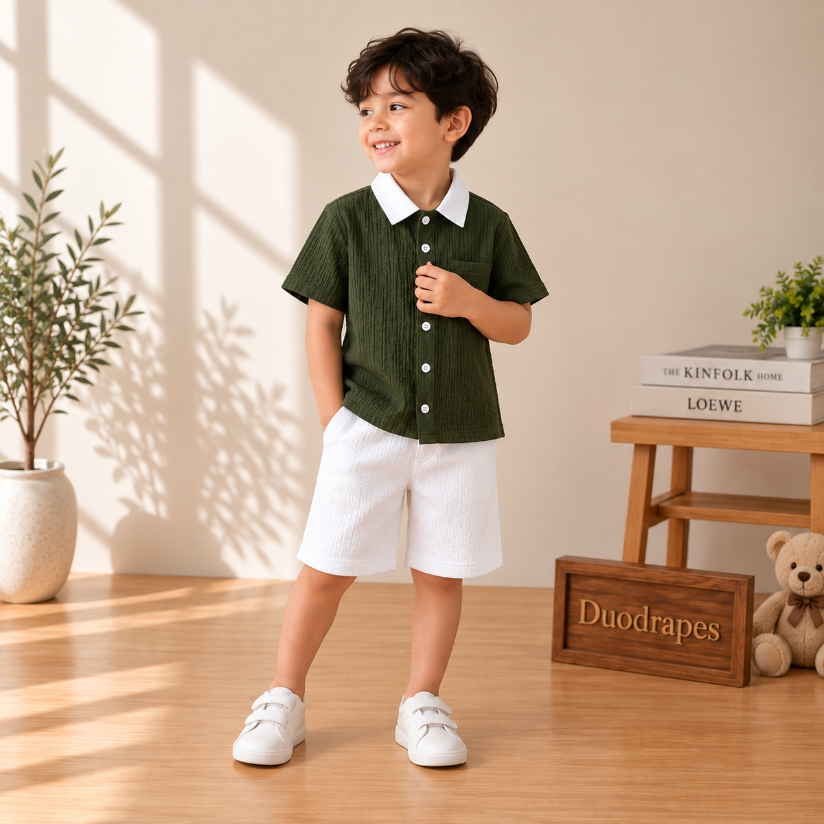 Olive Green White Collar Shirt & White Shorts Set for Boys