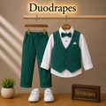 DuoDrapes Boys Green Striped Waistcoat Set with White Shirt, Trousers & Bow Tie