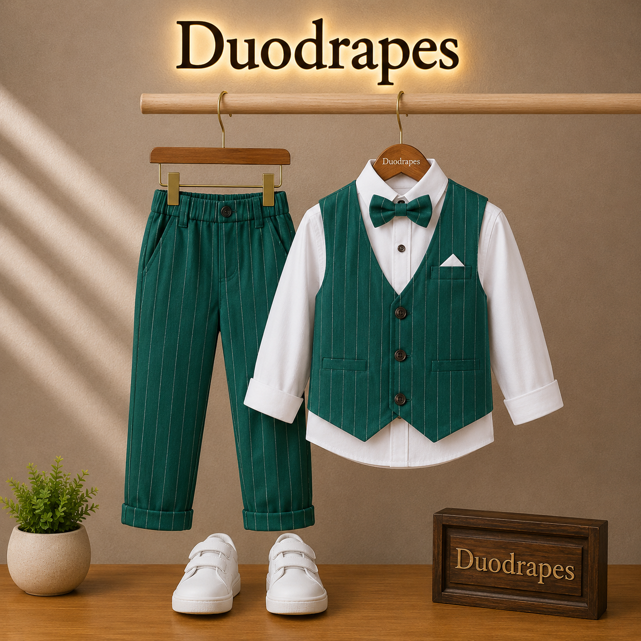 DuoDrapes Boys Green Striped Waistcoat Set with White Shirt, Trousers & Bow Tie