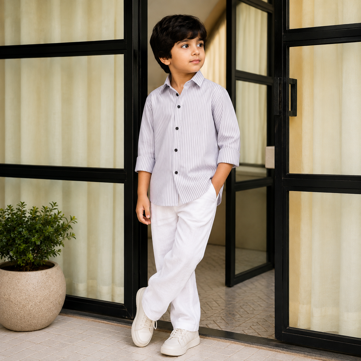 Soft Grey Stripe Classic Shirt for Boys