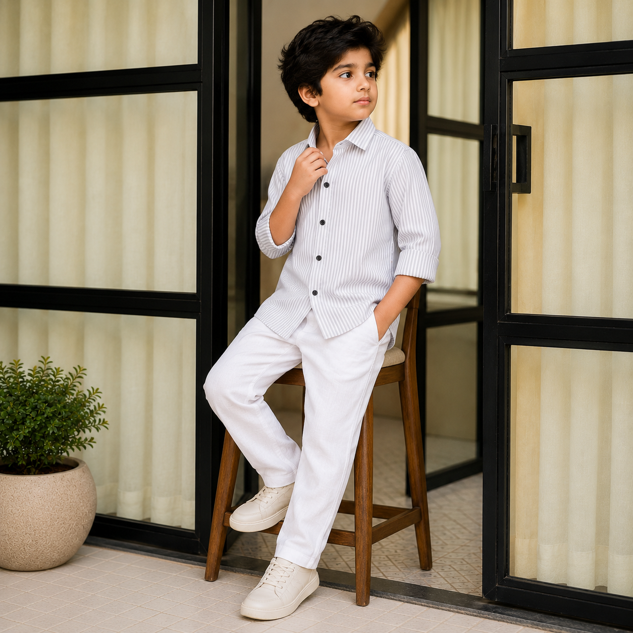 Soft Grey Stripe Classic Shirt for Boys