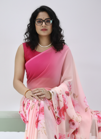 Weightless Floral pink Yellow Sarees