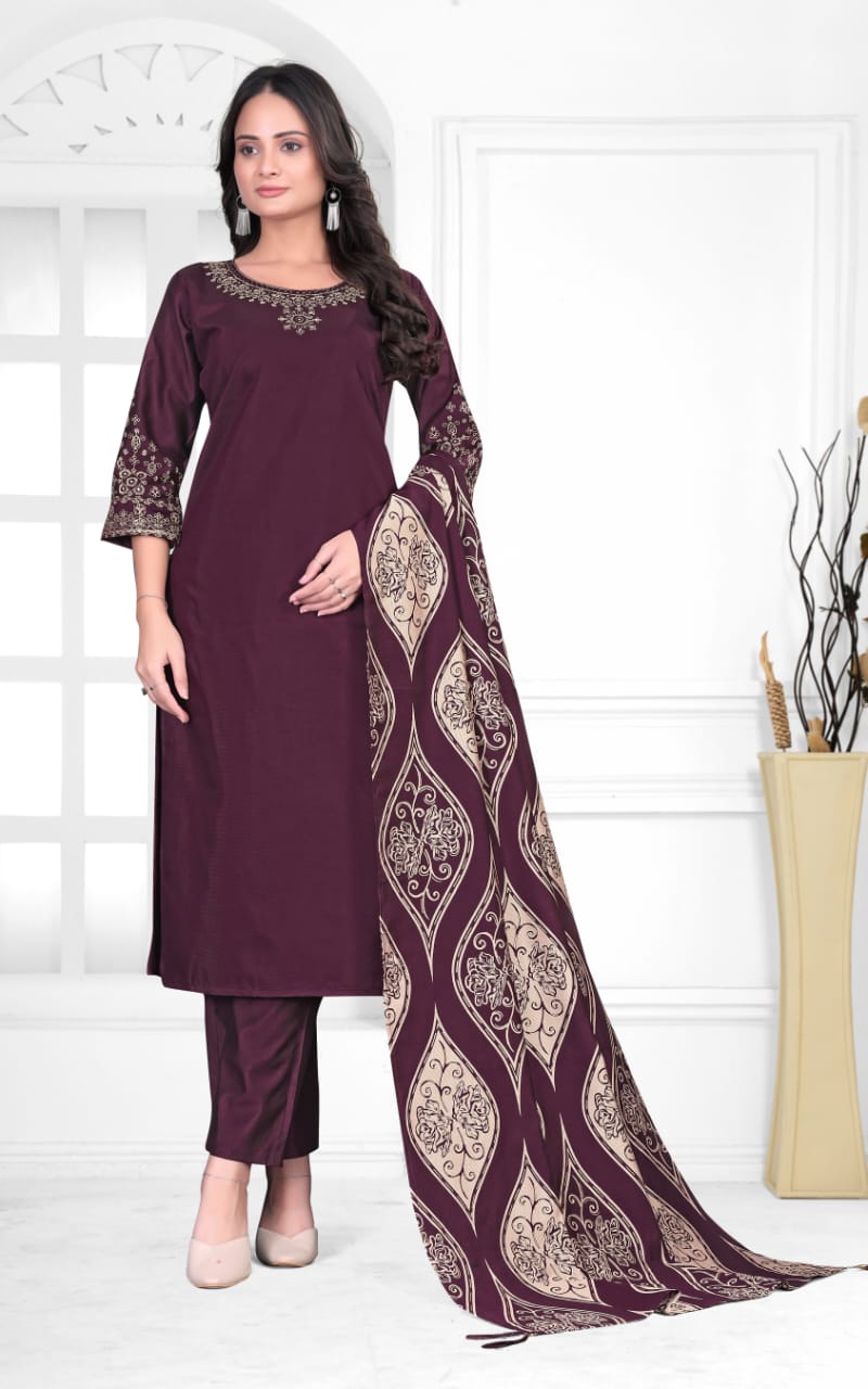 Gadwal Silk Kurta Set with Printed Dupatta – Maroon & Black