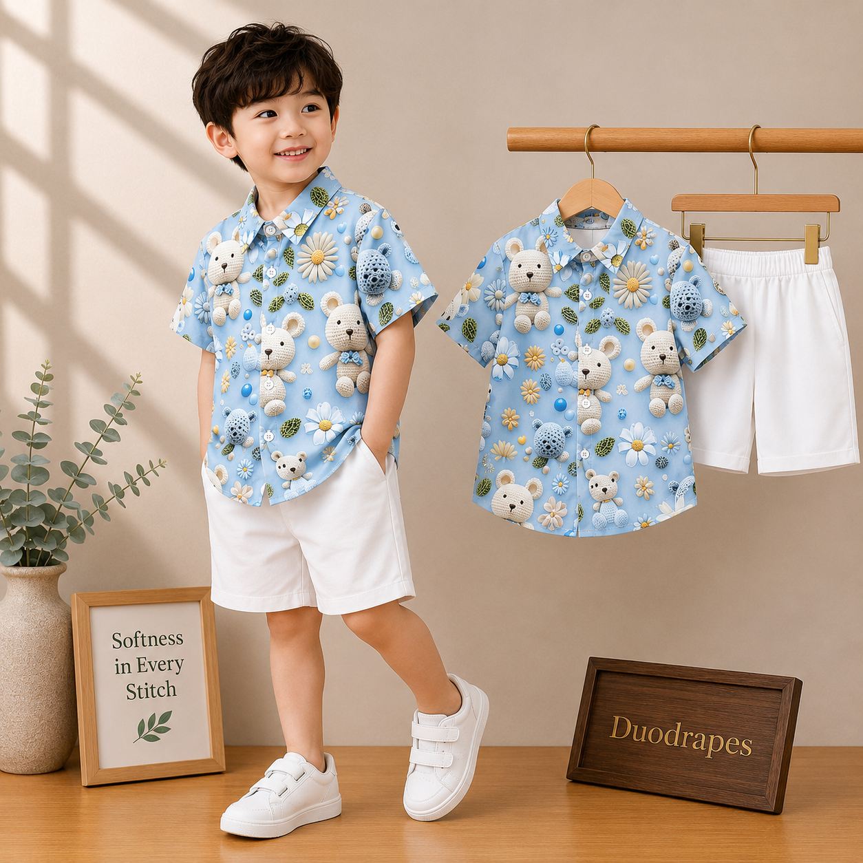 Sky Blue Teddy Bear Shirt & White Shorts Set for Boys