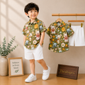 Olive Green Teddy Bear Shirt & White Shorts Set for Boys