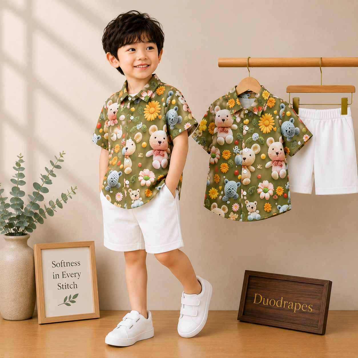 Olive Green Teddy Bear Shirt & White Shorts Set for Boys